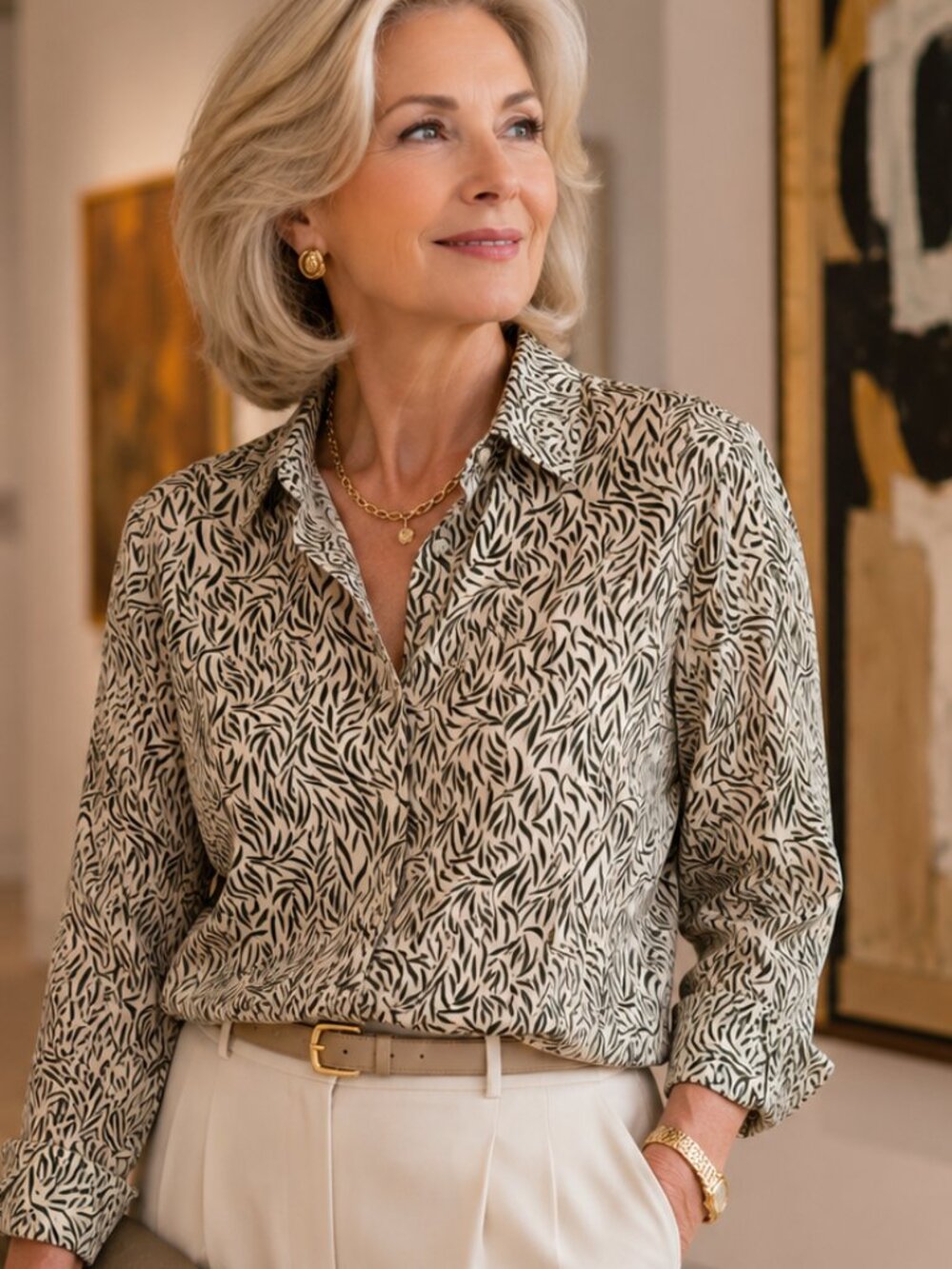 Patterned Button-Up Shirt in Green and Cream